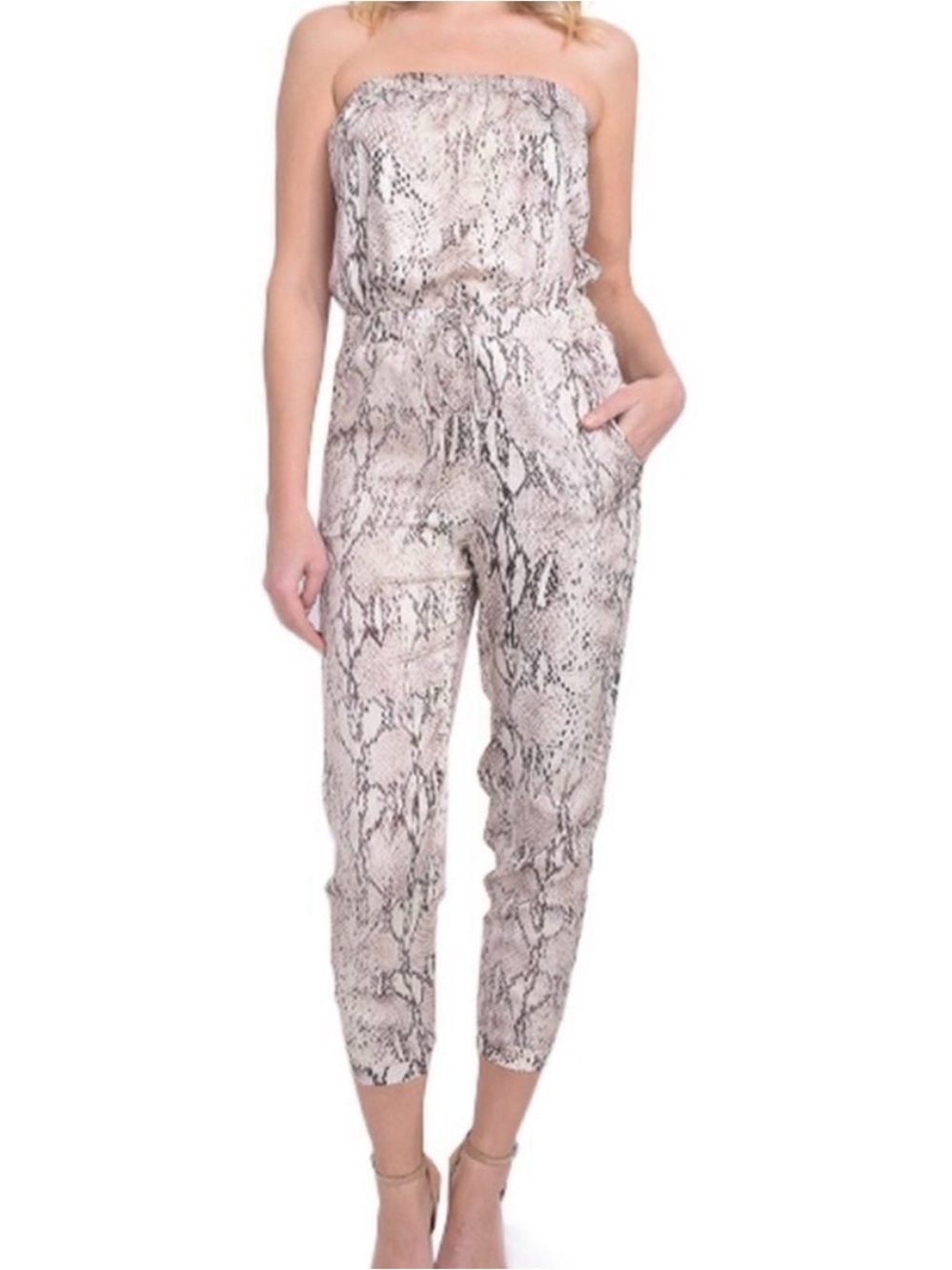 Lavender Brown Strapless Snake-Print Jumpsuit in Neutral Taupe